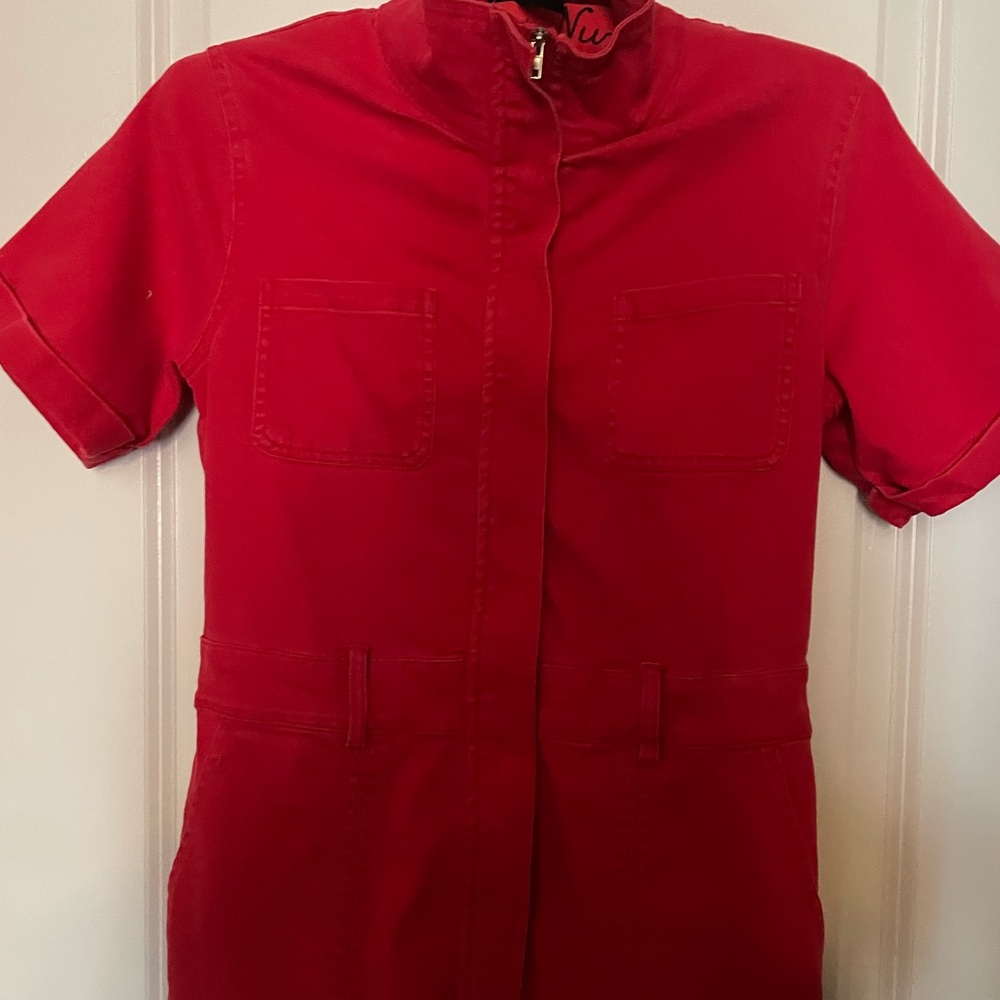 Red Short Sleeve Denim Jumpsuit Boiler Suit - Picture 5 of 11